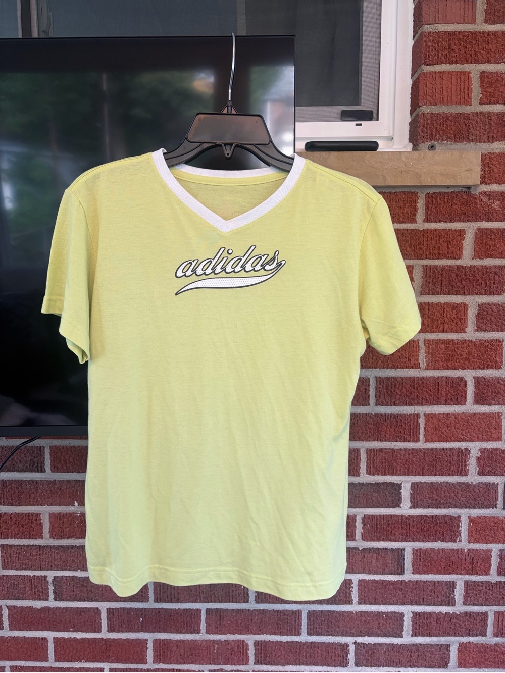 Adidas Lime Green V-Neck Script Logo Tee